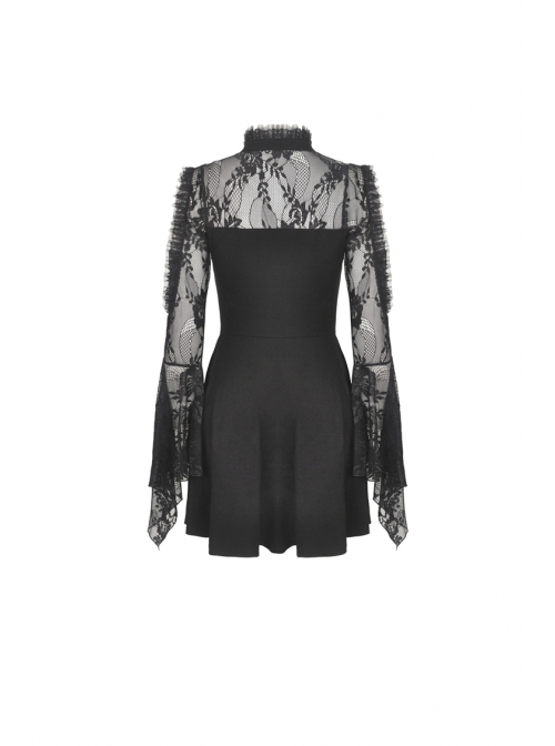 Lace Off-Shoulder Lace-Up Collar Long Sleeves Black Punk Rock Dress