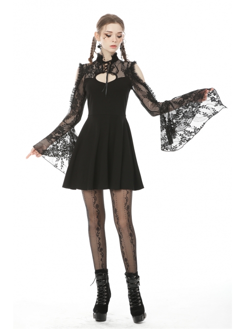 Lace Off-Shoulder Lace-Up Collar Long Sleeves Black Punk Rock Dress