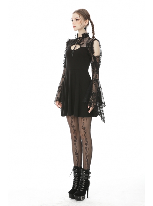 Lace Off-Shoulder Lace-Up Collar Long Sleeves Black Punk Rock Dress