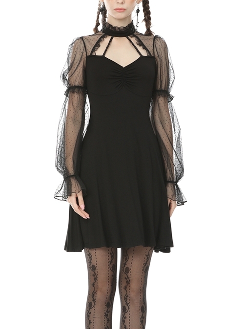 Chest Hollow Lace-Up Long Mesh Sleeves Sexy Black Gothic Dress