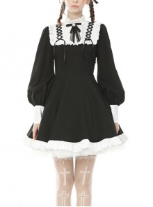 White Frilly Doll Collar Lace-Up Bow Long Sleeves Lace Hem Black Gothic Dress