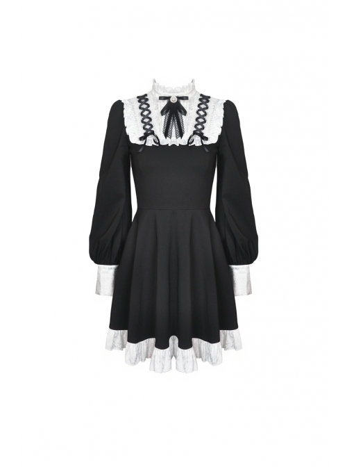 White Frilly Doll Collar Lace-Up Bow Long Sleeves Lace Hem Black Gothic Dress