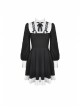 White Frilly Doll Collar Lace-Up Bow Long Sleeves Lace Hem Black Gothic Dress