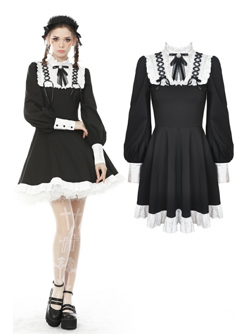 White Frilly Doll Collar Lace-Up Bow Long Sleeves Lace Hem Black Gothic Dress