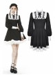 White Frilly Doll Collar Lace-Up Bow Long Sleeves Lace Hem Black Gothic Dress