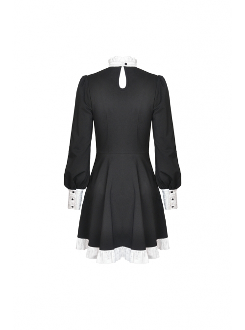 White Frilly Doll Collar Lace-Up Bow Long Sleeves Lace Hem Black Gothic Dress