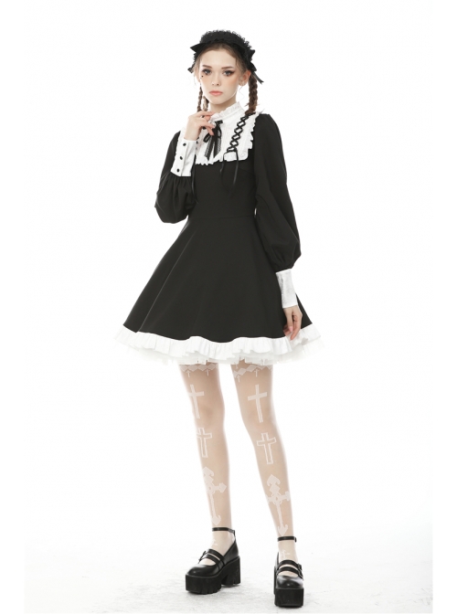 White Frilly Doll Collar Lace-Up Bow Long Sleeves Lace Hem Black Gothic Dress