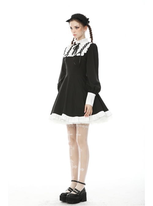 White Frilly Doll Collar Lace-Up Bow Long Sleeves Lace Hem Black Gothic Dress