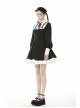 White Frilly Doll Collar Lace-Up Bow Long Sleeves Lace Hem Black Gothic Dress