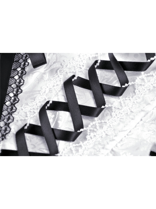 White Frilly Doll Collar Lace-Up Bow Long Sleeves Lace Hem Black Gothic Dress