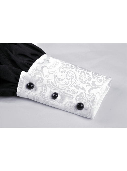 White Frilly Doll Collar Lace-Up Bow Long Sleeves Lace Hem Black Gothic Dress