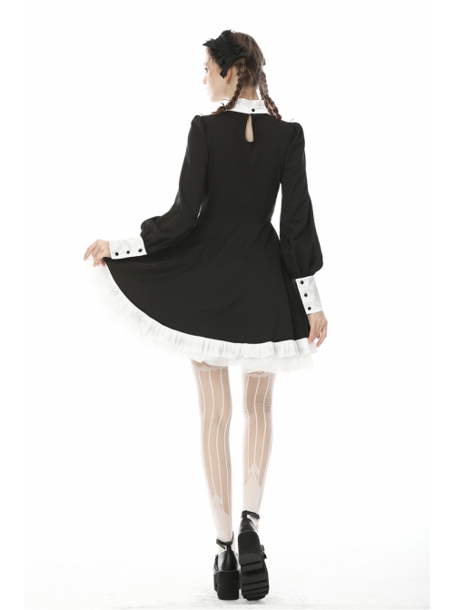 White Frilly Doll Collar Lace-Up Bow Long Sleeves Lace Hem Black Gothic Dress