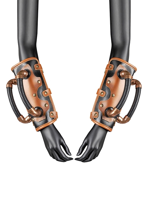 Medieval Personality Dark Brown Alloy Stitching Leather Mechanical Steam Punk Wrist Guard