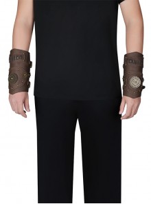 Brown Vintage Metal Gear Hollow Punk Style Adjustable PU Leather Wrist Guard
