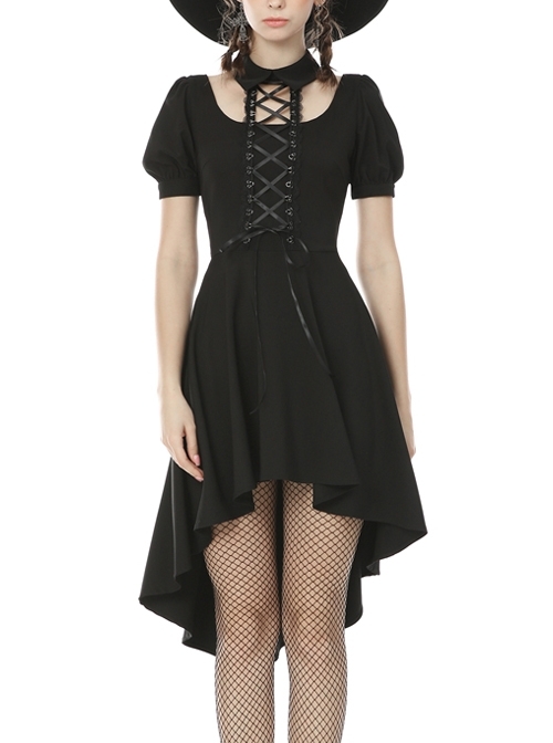 Lace-Up Hanging Neck Short Sleeves Rear Long Hem Black Punk Rock Dress