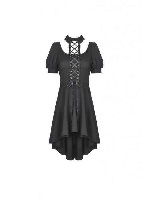 Lace-Up Hanging Neck Short Sleeves Rear Long Hem Black Punk Rock Dress