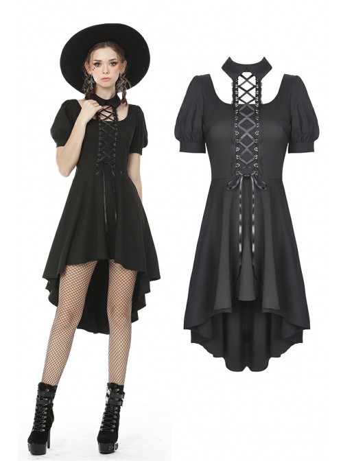 Lace-Up Hanging Neck Short Sleeves Rear Long Hem Black Punk Rock Dress
