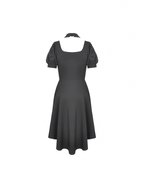 Lace-Up Hanging Neck Short Sleeves Rear Long Hem Black Punk Rock Dress