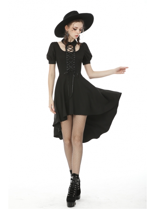 Lace-Up Hanging Neck Short Sleeves Rear Long Hem Black Punk Rock Dress