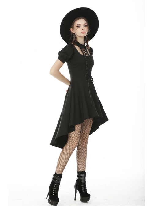 Lace-Up Hanging Neck Short Sleeves Rear Long Hem Black Punk Rock Dress