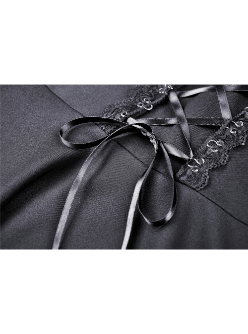 Lace-Up Hanging Neck Short Sleeves Rear Long Hem Black Punk Rock Dress