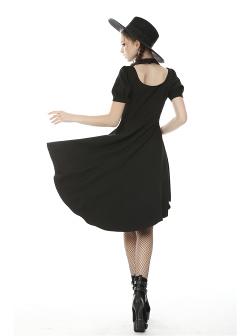 Lace-Up Hanging Neck Short Sleeves Rear Long Hem Black Punk Rock Dress