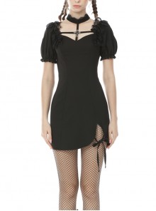 Chest Bandage Cross Lace Frilly Short Sleeves Slit Lace-Up Hem Black Gothic Dress