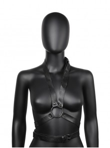 Sexy Black Adjustable PU Leather Metal Ring Punk Style Hanging Neck Harness