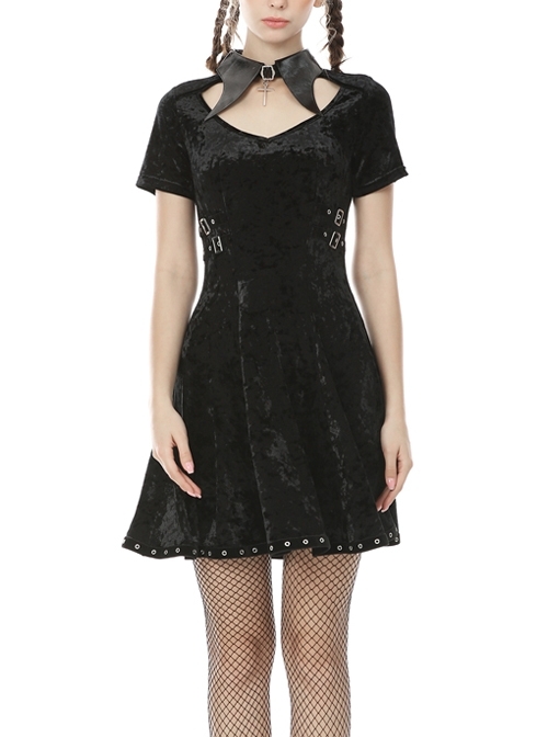 Black Chest Hollow Cross Pendant Leather Bandage Waisted Gothic Velvet Dress