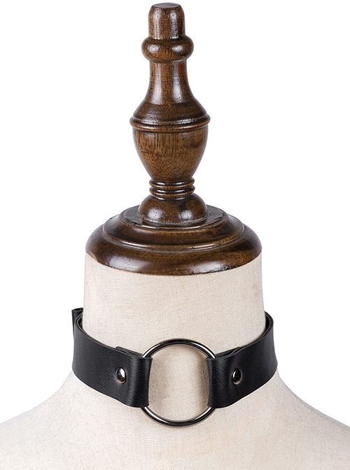 Black PU Leather Link Metal Ring Adjustable Punk Style Collar
