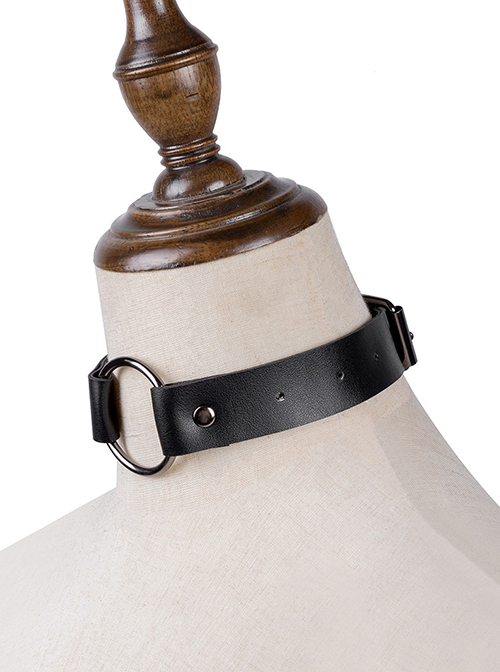 Black PU Leather Link Metal Ring Adjustable Punk Style Collar