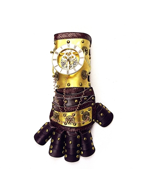 Handsome Brown PU Leather Stitching Metal Gear Mechanical Punk Style Gloves