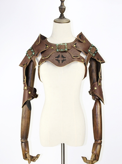 Brown Medieval Retro PU Leather Stitching Gold Adjustable Punk Style Armor Harness