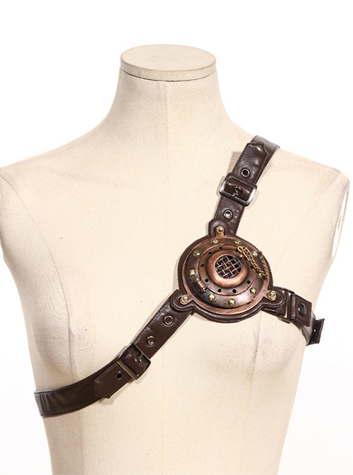 Vintage Brown Leather And Gold Mechanical Gear Punk Harness