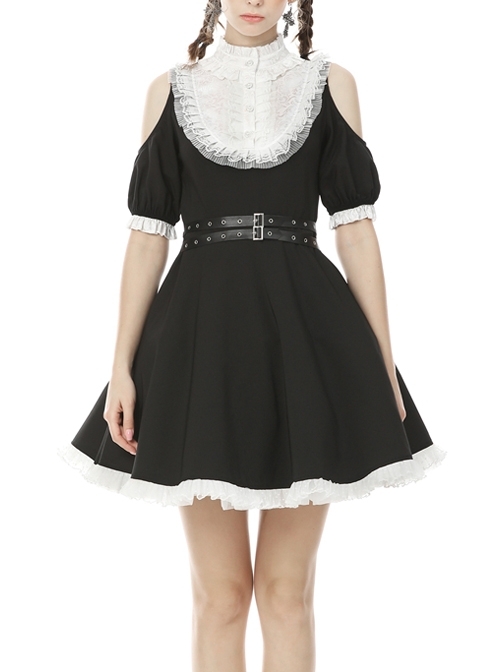 Off-Shoulder White Frilly Collar Button Leather Bandage Waisted Lace Hem Black Gothic Dress