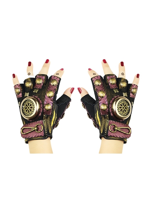 Black And Pink Leather Stitching Lycra Square Velcro Alloy Ring Punk Style Half-Finger Gloves
