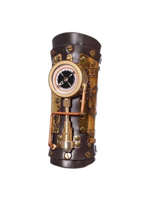 Medieval Brown Vintage Leather Metal Compass With Punk Style Mechanical Armguard