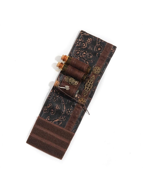 Brown Vintage Industrial Revolution Alchemy Engraved Glass Bottle Decorated Punk Leather Bracelet