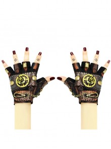 Black Leather Stitching Lycra Square Velcro Alloy Gear Spiked Punk Style Half Finger Gloves