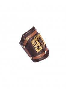 Industrial Revolution Brown Leather Stitching Gold Gear Punk Style Creative Armband