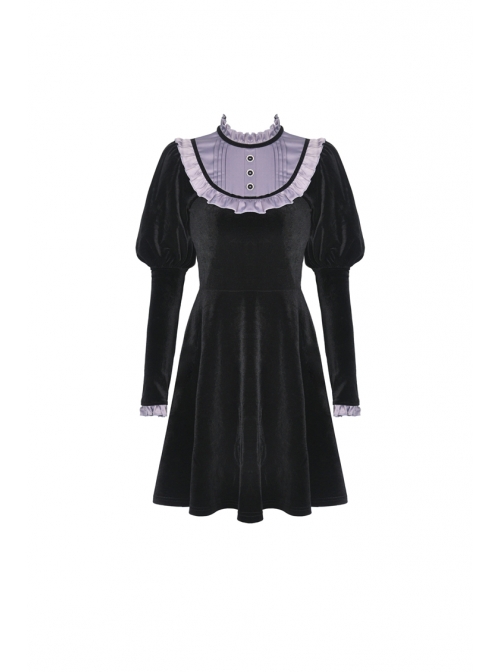 Purple Frilly Doll Collar Button Long Sleeves Black Gothic Dress
