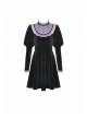 Purple Frilly Doll Collar Button Long Sleeves Black Gothic Dress