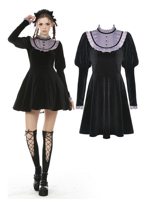 Purple Frilly Doll Collar Button Long Sleeves Black Gothic Dress