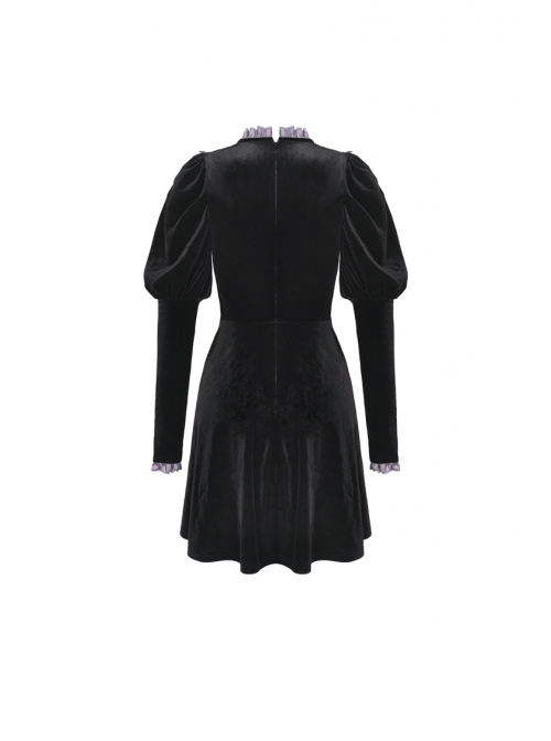 Purple Frilly Doll Collar Button Long Sleeves Black Gothic Dress