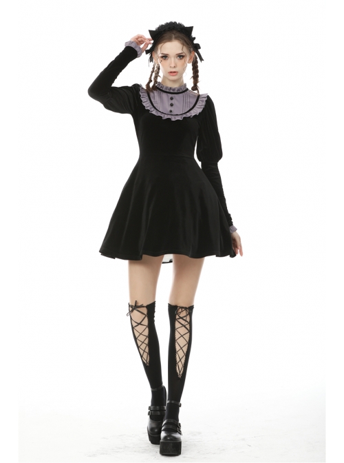 Purple Frilly Doll Collar Button Long Sleeves Black Gothic Dress