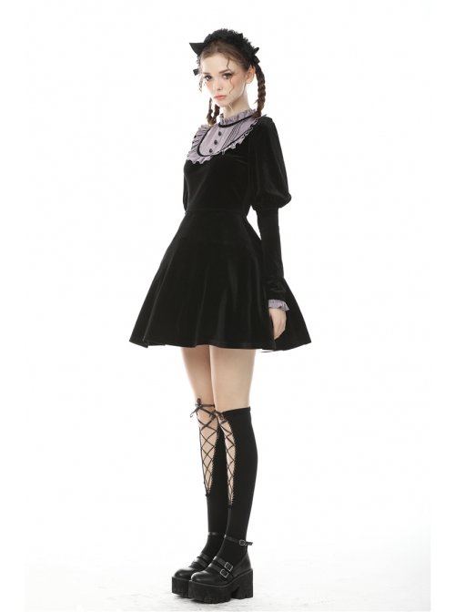 Purple Frilly Doll Collar Button Long Sleeves Black Gothic Dress