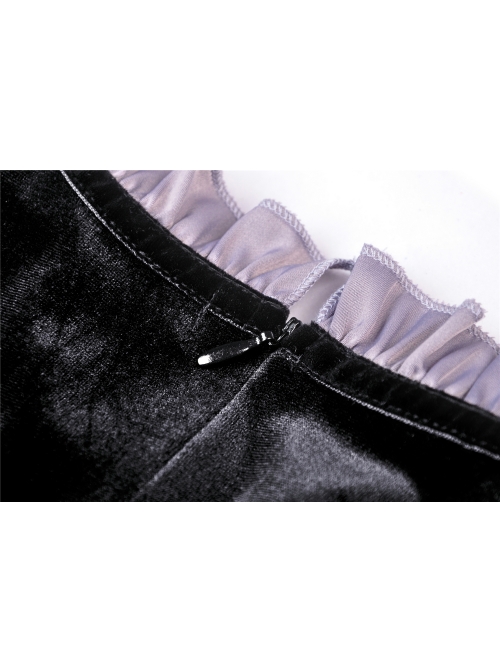 Purple Frilly Doll Collar Button Long Sleeves Black Gothic Dress
