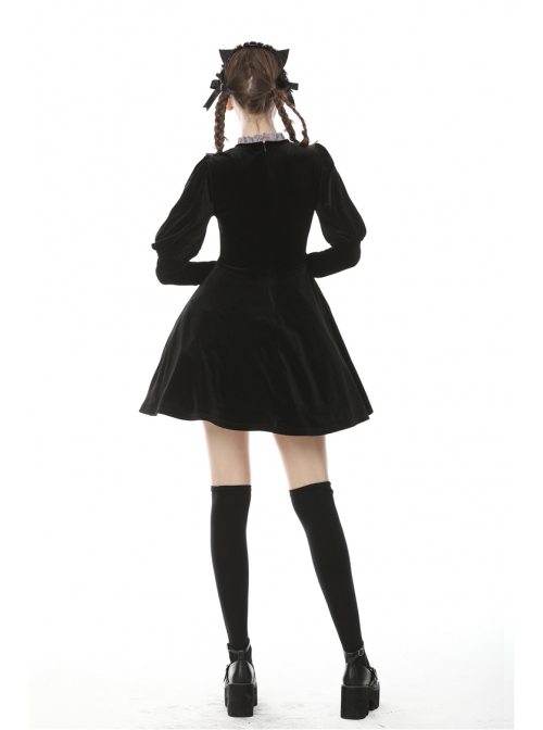 Purple Frilly Doll Collar Button Long Sleeves Black Gothic Dress