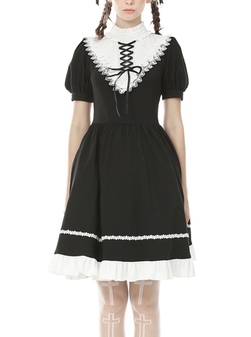 White Inverted Triangle Frilly Collar Chest Lace-Up Short Sleeves Black Gothic Dress