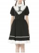 White Inverted Triangle Frilly Collar Chest Lace-Up Short Sleeves Black Gothic Dress